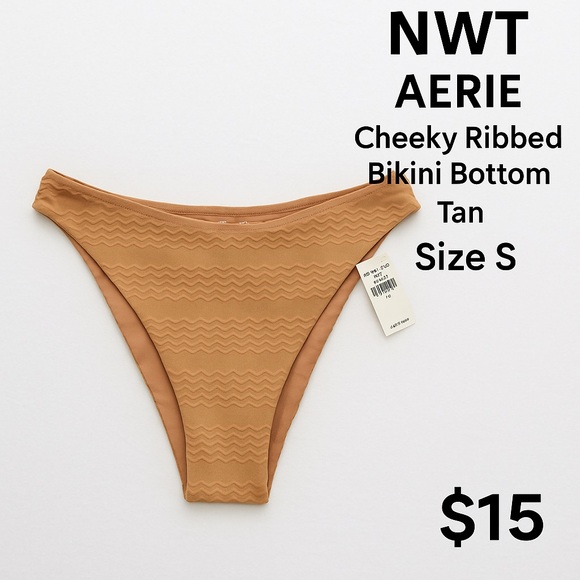 NWT Aerie Cheeky Ribbed Bikini Bottom in Tan | Size S - Picture 4 of 5